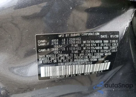 2020 Subaru Outback Touring z USA, uszkodzony, nr VIN 4S4BTAPC5L3178250